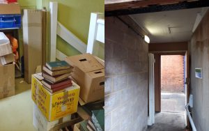 Photo of boxes at the top of the stairs - an obvious hazard - and an empty fire exit.