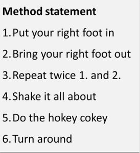 Method statement 1 Put your right foot in 2 Bring your right foot out 3 Repeat twice 1. and 2. 4 Shake it all about 5 Do the hokey cokey 6 Turn around